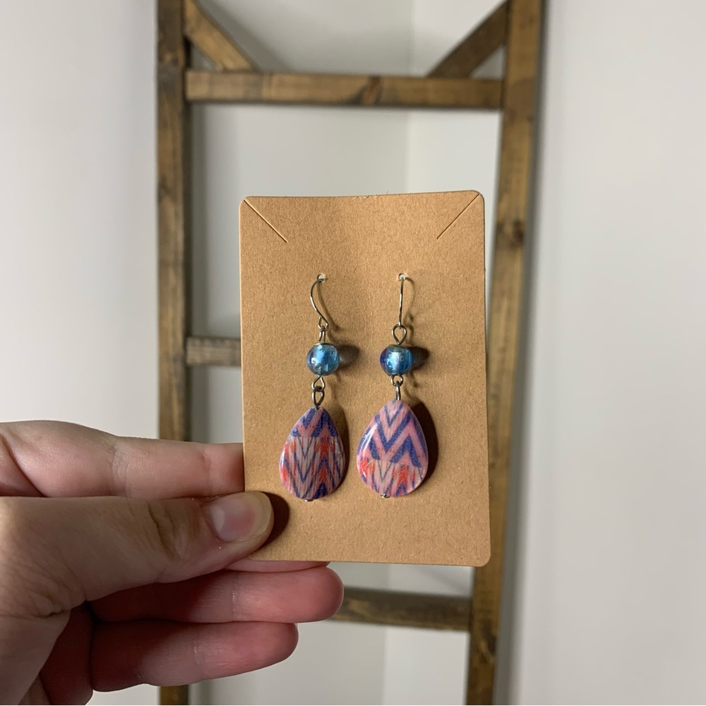 Pink and Blue Chevron Teardrop Earrings